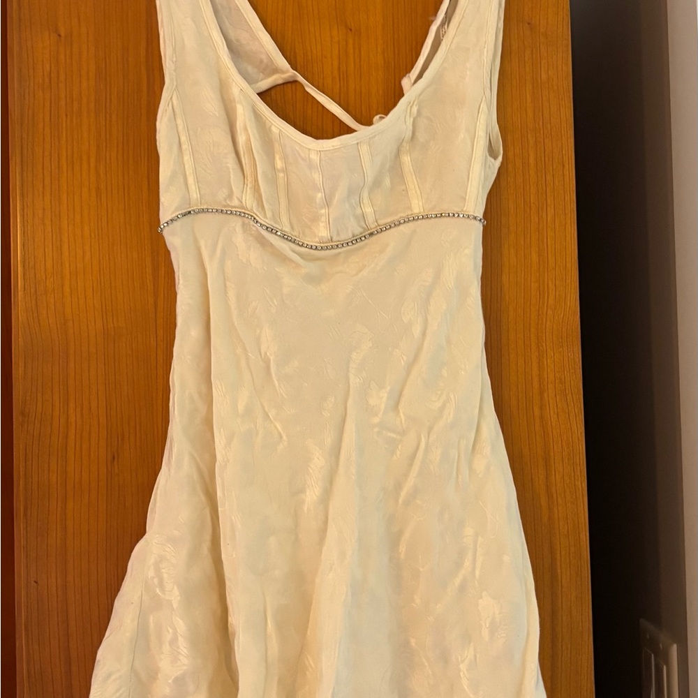 Free People Cream Satin-Look Mini Slip Dress with Rhinestone Trim